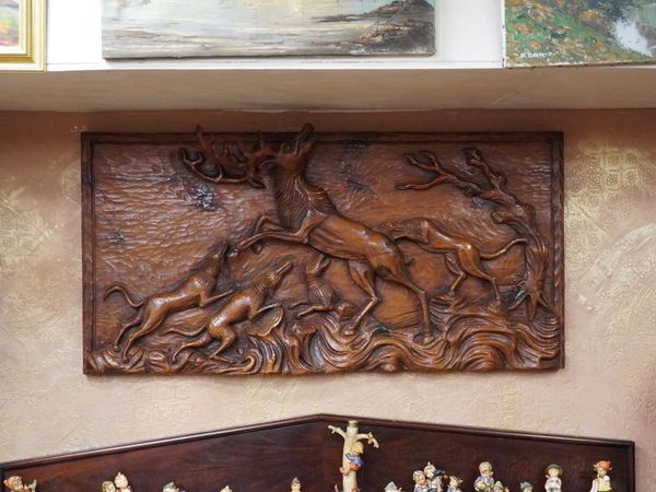 Hand-Carved Wooden Hunting Scene Relief Panel - Main image