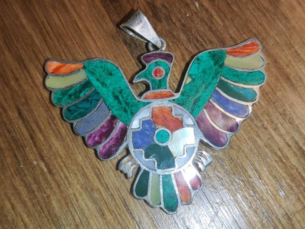 HUGE COLOURFUL EAGLE, 950 Quality Silver Pendant ! - Main image