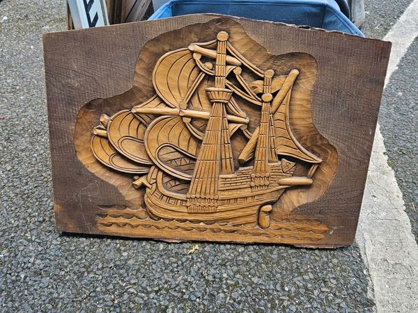 Handcarved Wooden Ship Wall Plaque - Main image