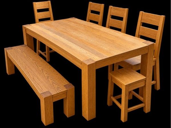 Solid Oak Dining Room Table & Chairs and Bench - Main image