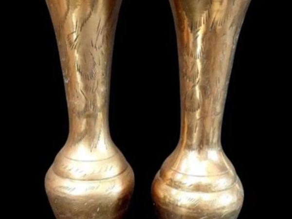 Pristine Pair of Vintage Etched Brass Vases - Main image