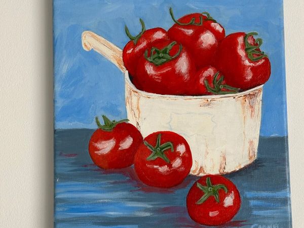 Oil painting of a container of tomatoes on canvas - Main image