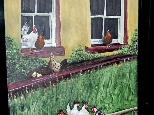 Original Painting  Chickens on the Window Sill. - Main image