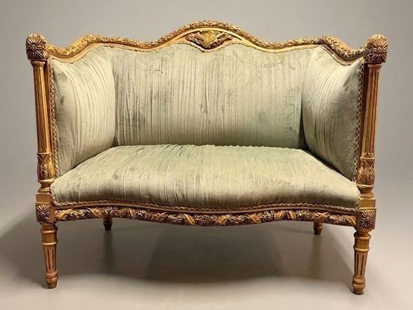 Louis XVI Style Carved Giltwood & Green Velvet Sofa - Main image