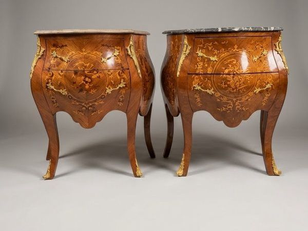 Pair of Mahogany and Kingwood Veneer Marble Top Bombe Bedside Lockers / Nightstands - Main image