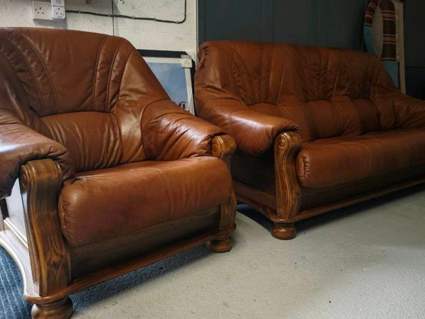 Leather 3 seater sofa and chair - Main image