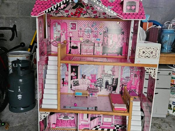 Large 3 Storey Wooden Dolls House Pink & White - Main image