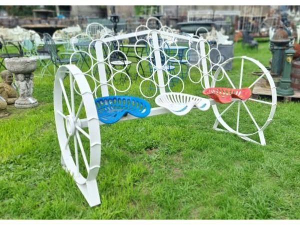 Cart Wheel Bench With Tractor Seats White KAS1354 - Main image