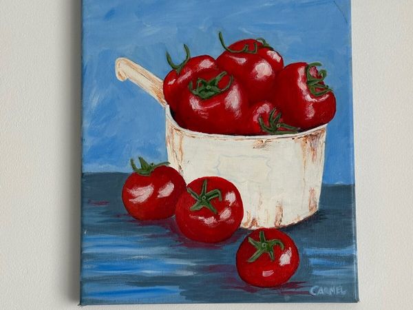 Oil painting of a container of tomatoes on canvas - Main image