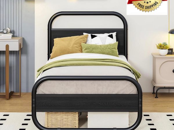 3ft Single Bed Frame with Headboard, Black Bed Fra - Main image