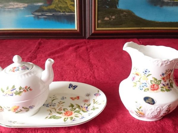 4Pc.Aynsley Cottage Garden Teapot,Cup,Tray,Pitcher - Main image