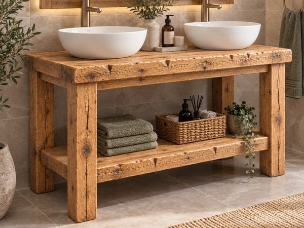 Handmade Rustic Wood Bathroom Vanity Unit - Main image