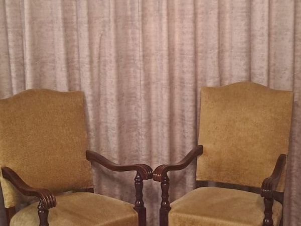 Vintage upholstered armchairs with carved wood - Main image