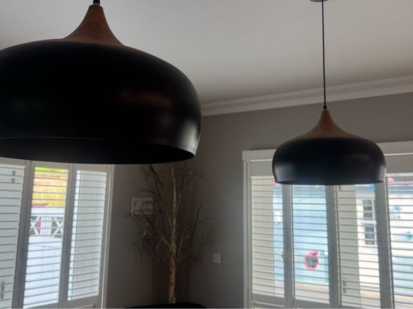 Matching pair of black and wood pendant lights - Main image