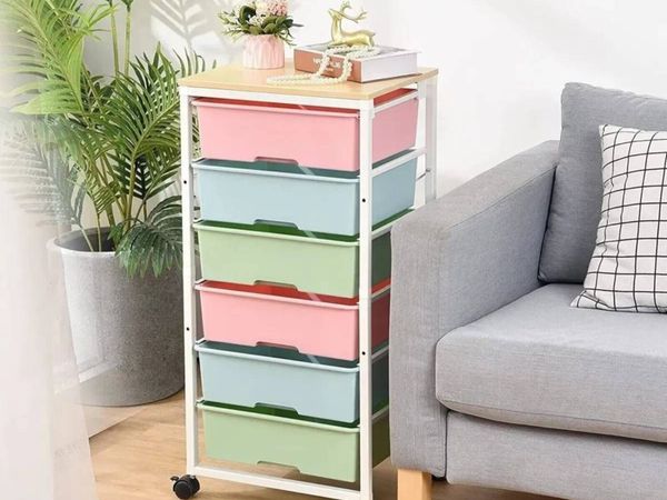 Storage Cart 6 Drawer Rolling with Wooden Top - Main image