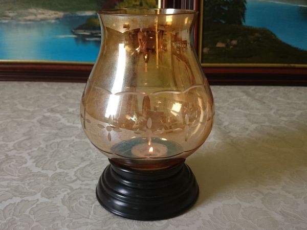 Vintage Etched Amber Glass Hurricane Lamp WithBase - Main image