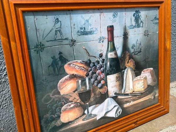 Framed Still Life Print - Wine, Cheese, and Bread - Main image