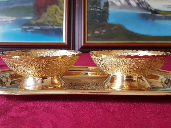 Ornate & Engraved Solid Brass Footed Bowls & Plate - Main image