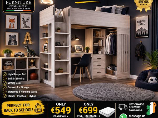 High sleeper bunk with Desk wardrobe storage - Main image