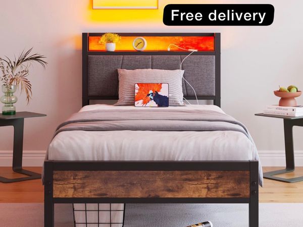 3ft Single Bed Frame with Storage Headboard,LED Li - Main image