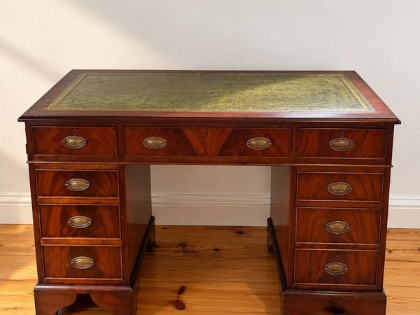 Pedestal Writing Desk with Green inlay leather top - Main image