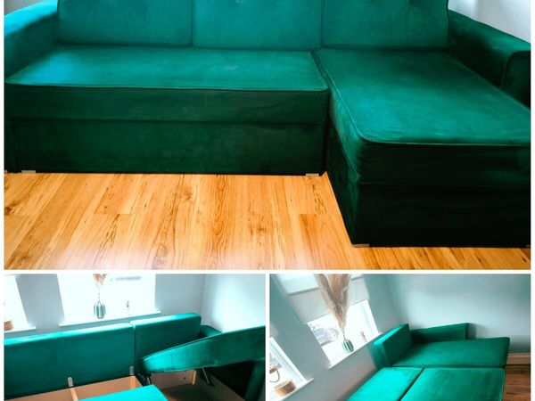 Green Velvet Corner Sofa Bed - Main image