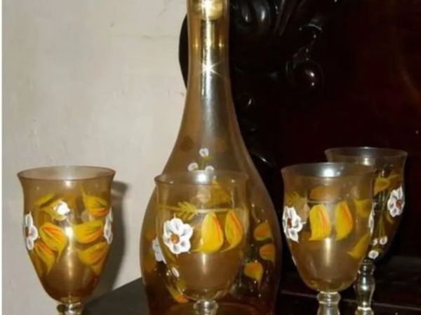 Vintage Bohemian Amber Glass Decanter & 4 Glasses - Main image