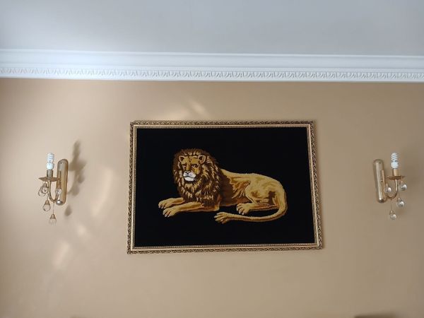 Large Framed Hand-stitched Needlepoint Lion Pictur - Main image