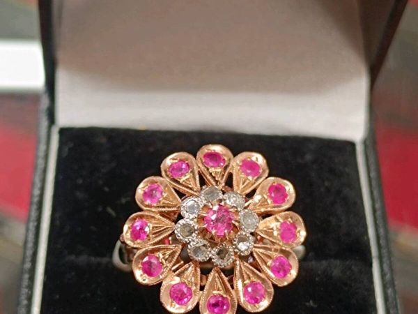 Daisy Flower Diamond & Ruby Ring 9k Rose Gold - Main image