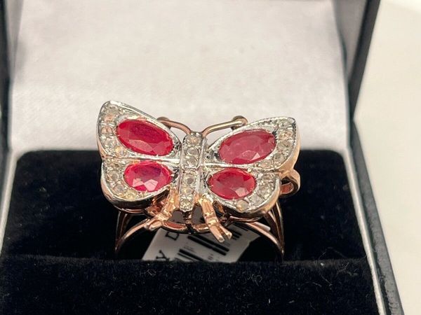 9k rose gold butterfly ring with rubies & diamonds - Main image