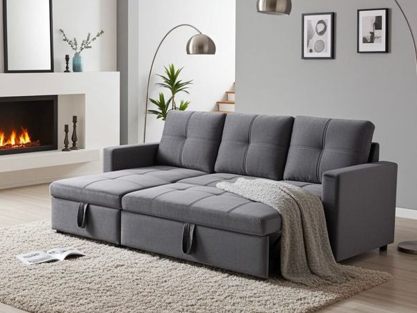 Grey velvet Corner Sofa Bed with Storage & Pull-Out Base - Main image