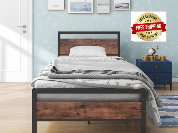 3ft Single Bed Frame with Wood Headboard,Heavy Dut - Main image