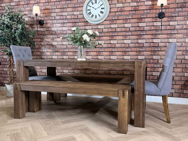 Modern rustic dining table, 2 benches & 2 chairs - Main image