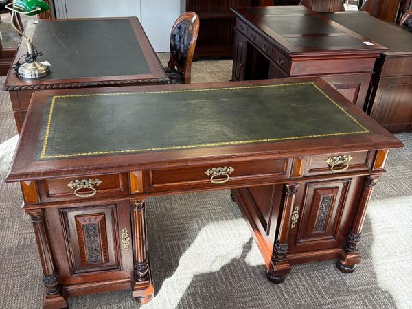 Classic wooden twin pedestal desk with a dark gree - Main image
