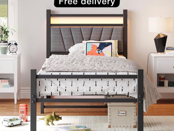 3FT Single Bed Frame with Storage Headboard, Black - Main image