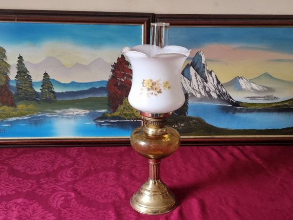 21"Tall Brass & Amber Glass Double Burner Oil Lamp - Main image