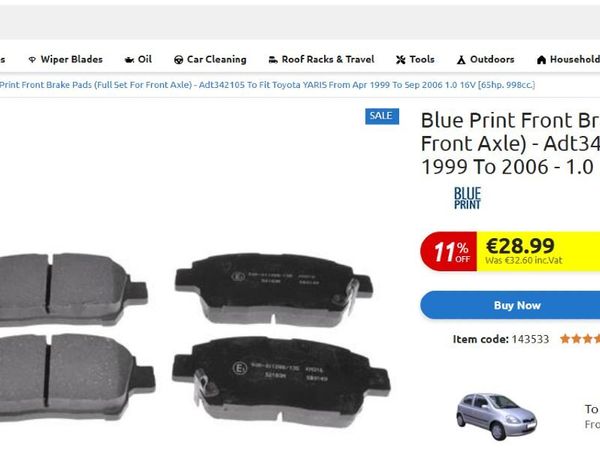 Toyota Yaris Front Brake Pads - Main image