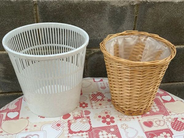 2 Waste Paper Bins Baskets, Plastic and Wicker - Main image