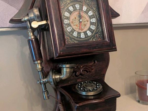 Ornate Vintage style Wooden Wall Telephone & Clock - Main image