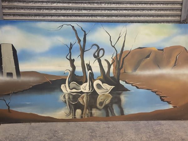 Vintage painting swans on lake reflecting elephant - Main image