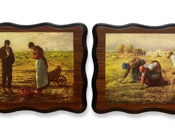 Pair vintage prints on wooden plaques - Main image