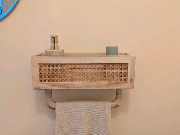 Boho Wooden Wall Shelf with Rattan Detail & Towel - Main image