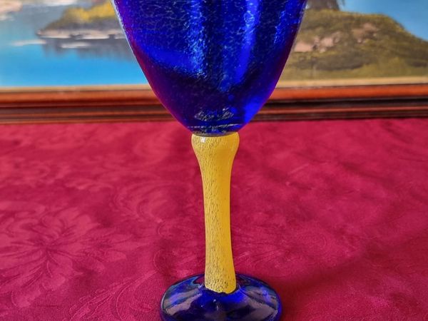 Murano Style Cobalt Blue &Yellow Glass Stem Goblet - Main image