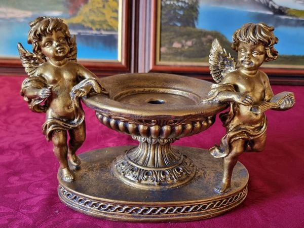 Cherub Golden Pedestal Candle Holder Made In Spain - Main image