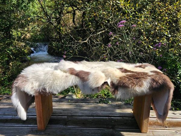 2 New Soft Cream & Brown Genuine Sheepskin Rugs - Main image