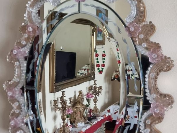 Italian Murano Glass Pink Flowers Venetian Mirror - Main image