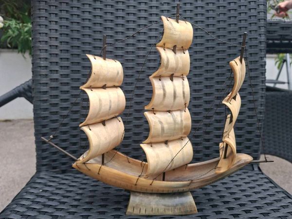Vintage handmade carved Bull horn sailing Boat - Main image