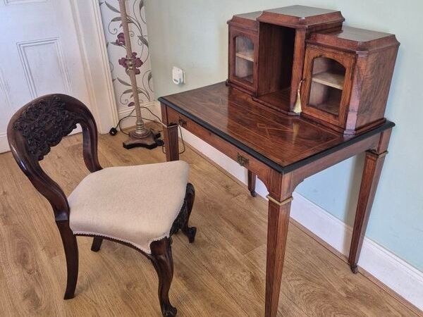 Edwardian inlaid writing desk& carved chair - Main image