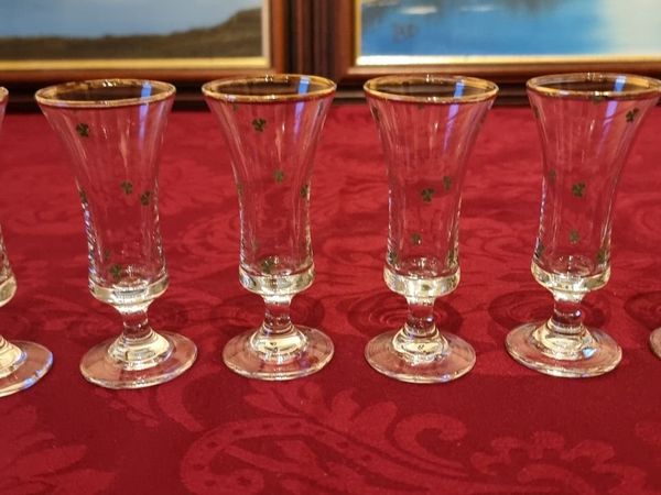6Pc.Irish Shamrock Gold Rimmed Footed Shot Glasses - Main image