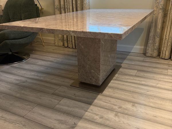 Large Marble Dining Table 180cm Single Pedestal Base plus 6 chairs - Main image